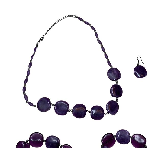 Unbranded Purple Amethyst Smooth Rock Jewelry Set Necklace Bracelet Earrings - Picture 4 of 8
